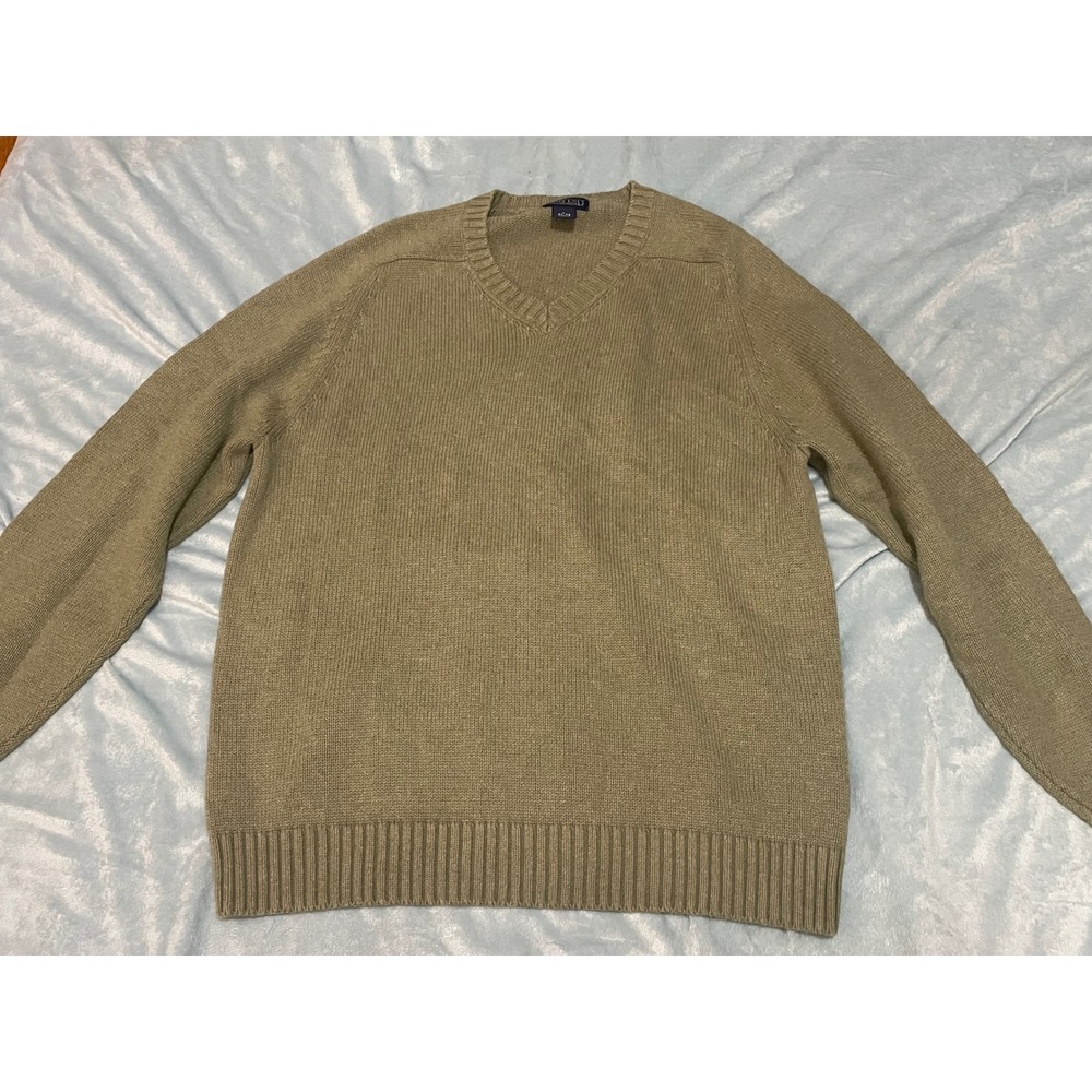 Lands End Drifter Sweater Mens Medium Green V-Neck Shaker Knit Pullover Cotton